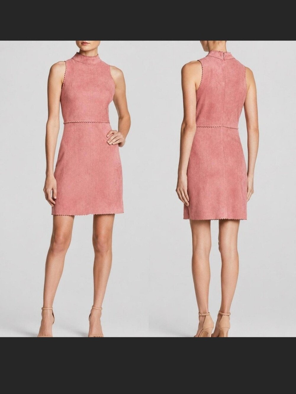 Soprano Sleeveless Pink Mock-Neck Faux Suede Dress With Scalloped Edges